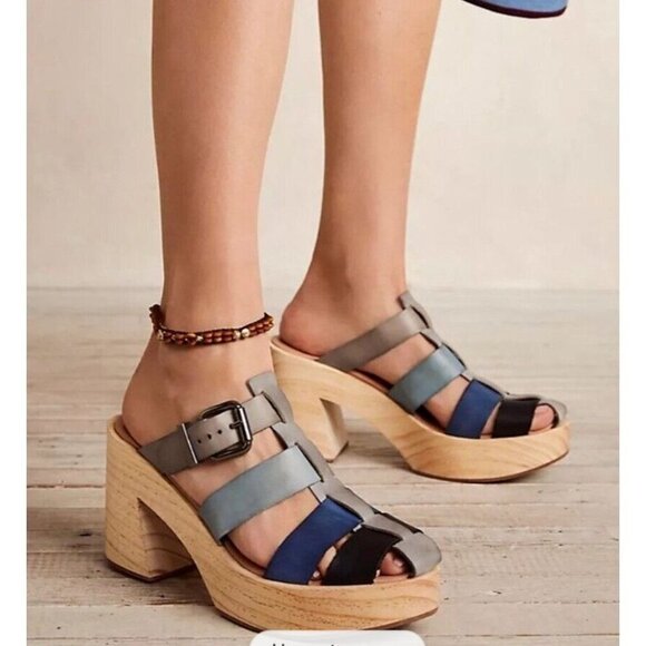 Free People Bellevue  Clogs Leather Wood Fisherman Sandals Slides 11 River - Picture 2 of 12